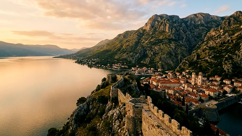 Kotor Old Town rooftops and fortress walls above the calm Bay of Kotor at sunset