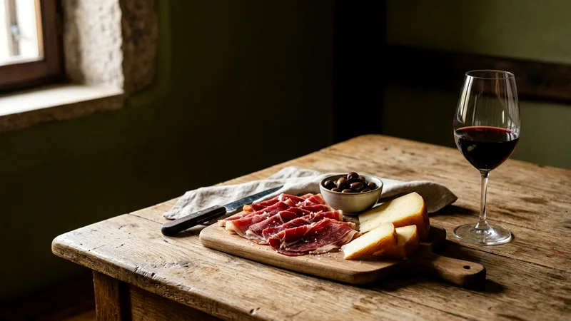 Njeguši prosciutto, cheese, olives and red wine on a rustic wooden table