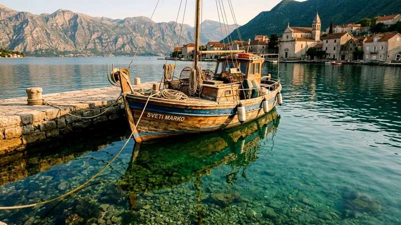 Wooden fishing boat moored at a stone jetty in clear bay water