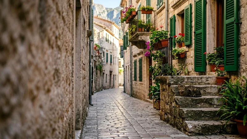 Cat resting on stone steps in a narrow lane of Kotor Old Town